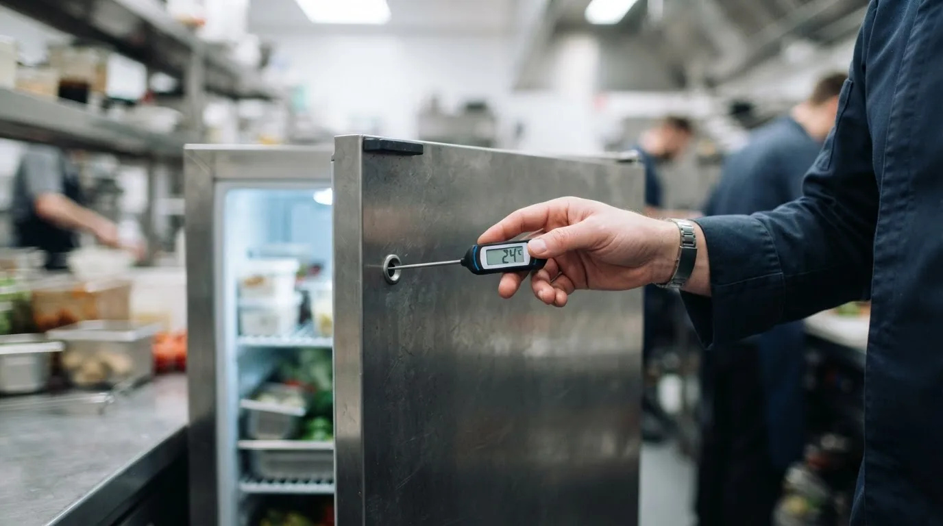 Tangan chef membaca thermometer digital di pintu chiller dapur fine dining