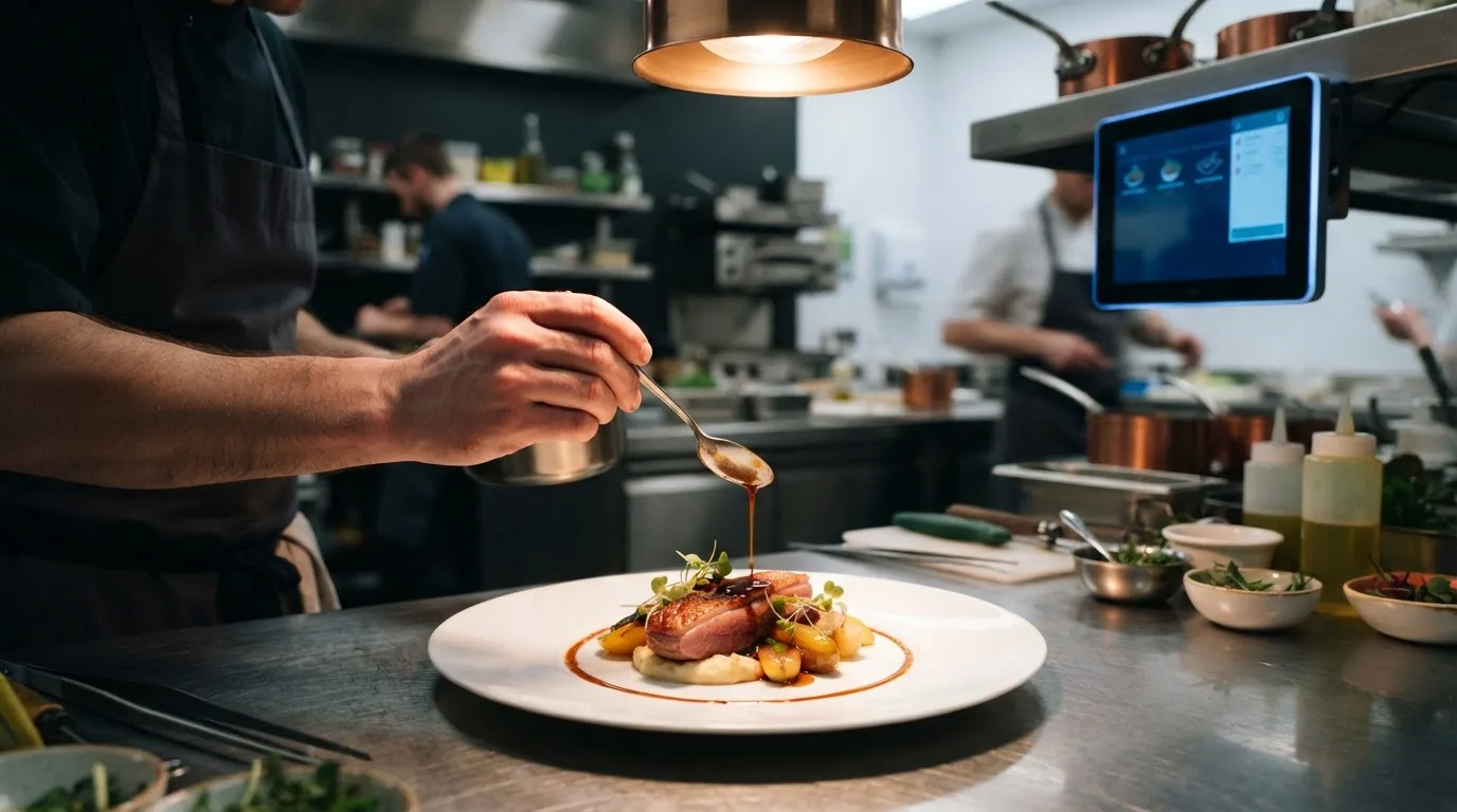 Meja pass dapur fine dining dengan piring dan layar tiket dapur menyala di sisi chef