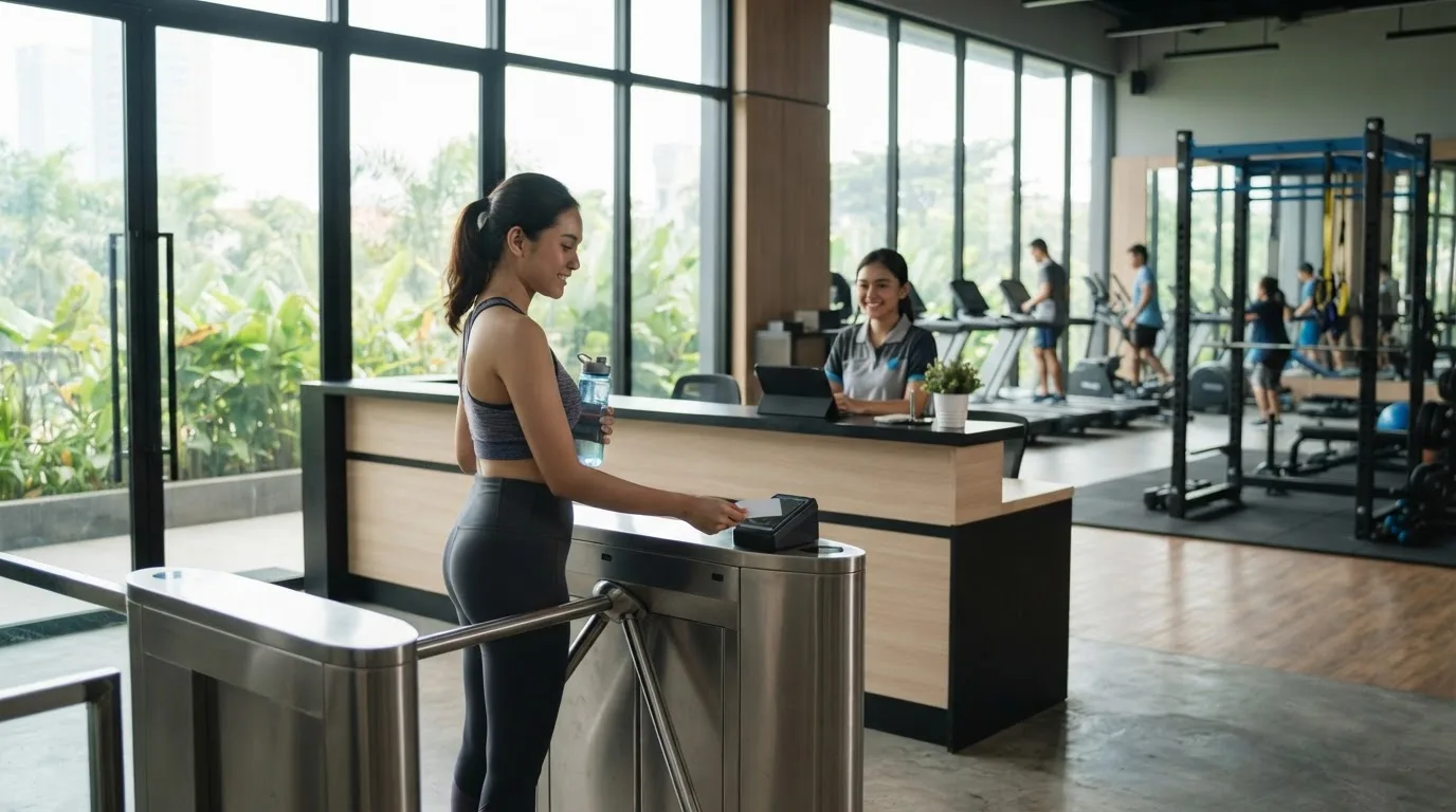 Member memindai kartu akses di pintu masuk gym pada pagi hari