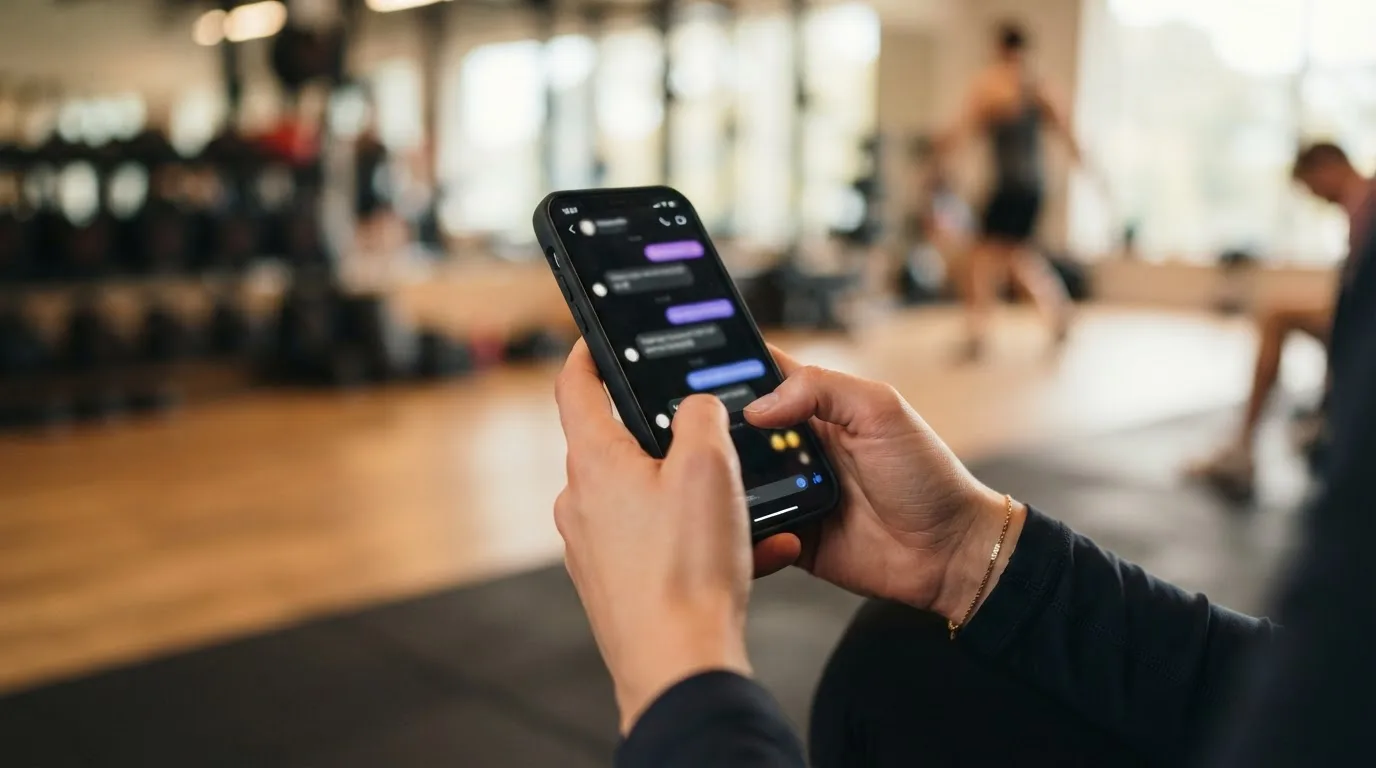 Member membaca pesan follow-up dari gym di aplikasi WhatsApp di ponselnya