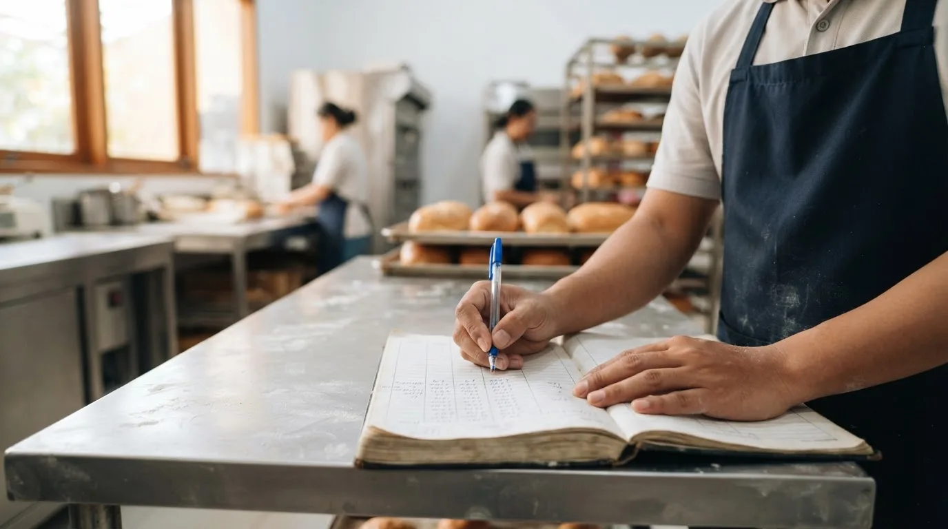 Kepala produksi bakery mencatat jumlah roti di buku manual di samping rak loyang roti segar
