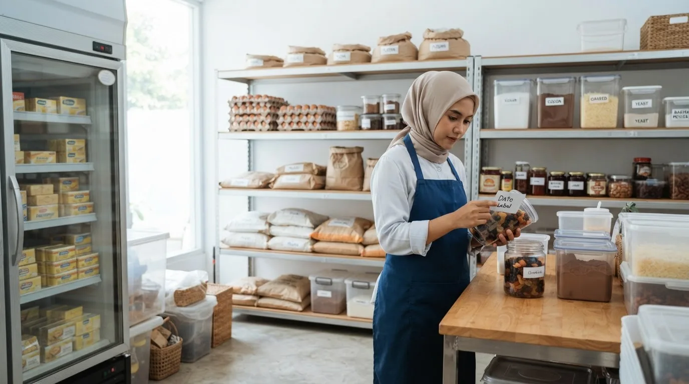 Rak bahan baku bakery dengan karung tepung, mentega, gula, cokelat, dan kemasan berlabel tanggal kedaluwarsa di gudang toko kue
