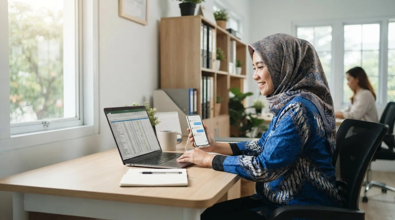 Staf admin sekolah bekerja di antara laptop dan smartphone, mengelola tagihan SPP secara manual. Ilustrasi dibuat dengan AI.