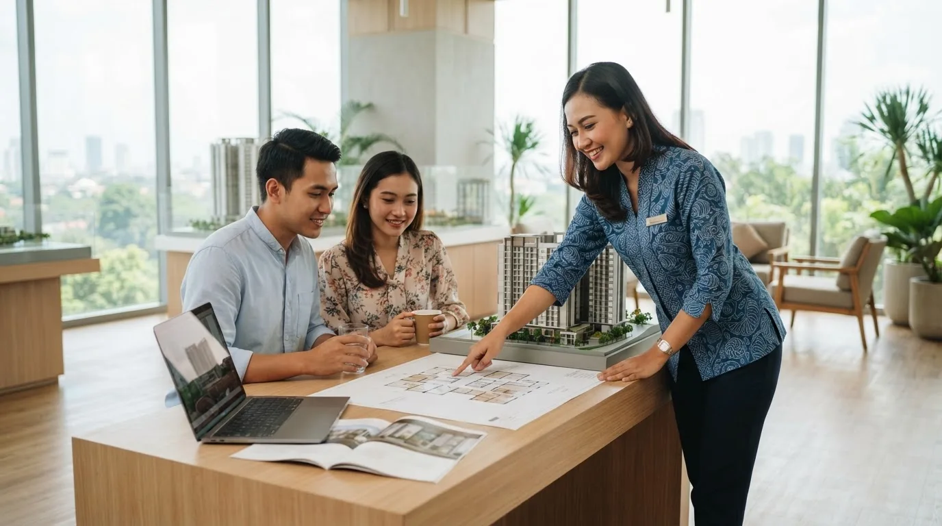 Agen properti menjelaskan denah unit kepada calon pembeli di sales gallery