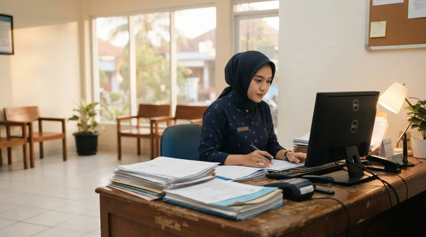 Staf administrasi klinik merekap formulir pasien dan pembayaran klinik di depan komputer menjelang tutup praktik
