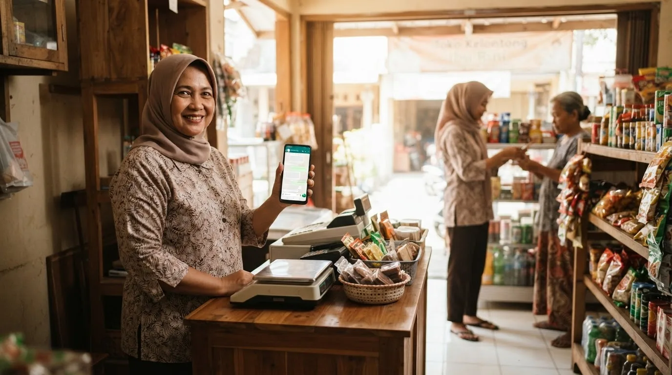 Pemilik UMKM di Surabaya memeriksa auto reply di aplikasi WhatsApp Business sambil staf melayani pelanggan di toko. Ilustrasi dibuat dengan AI.