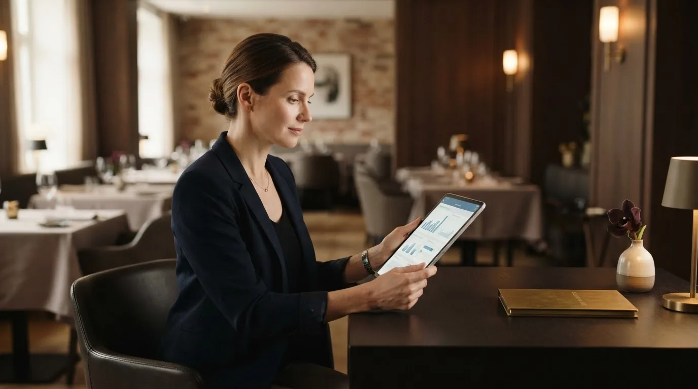 Manajer fine dining meninjau data no-show dan alokasi meja di tablet