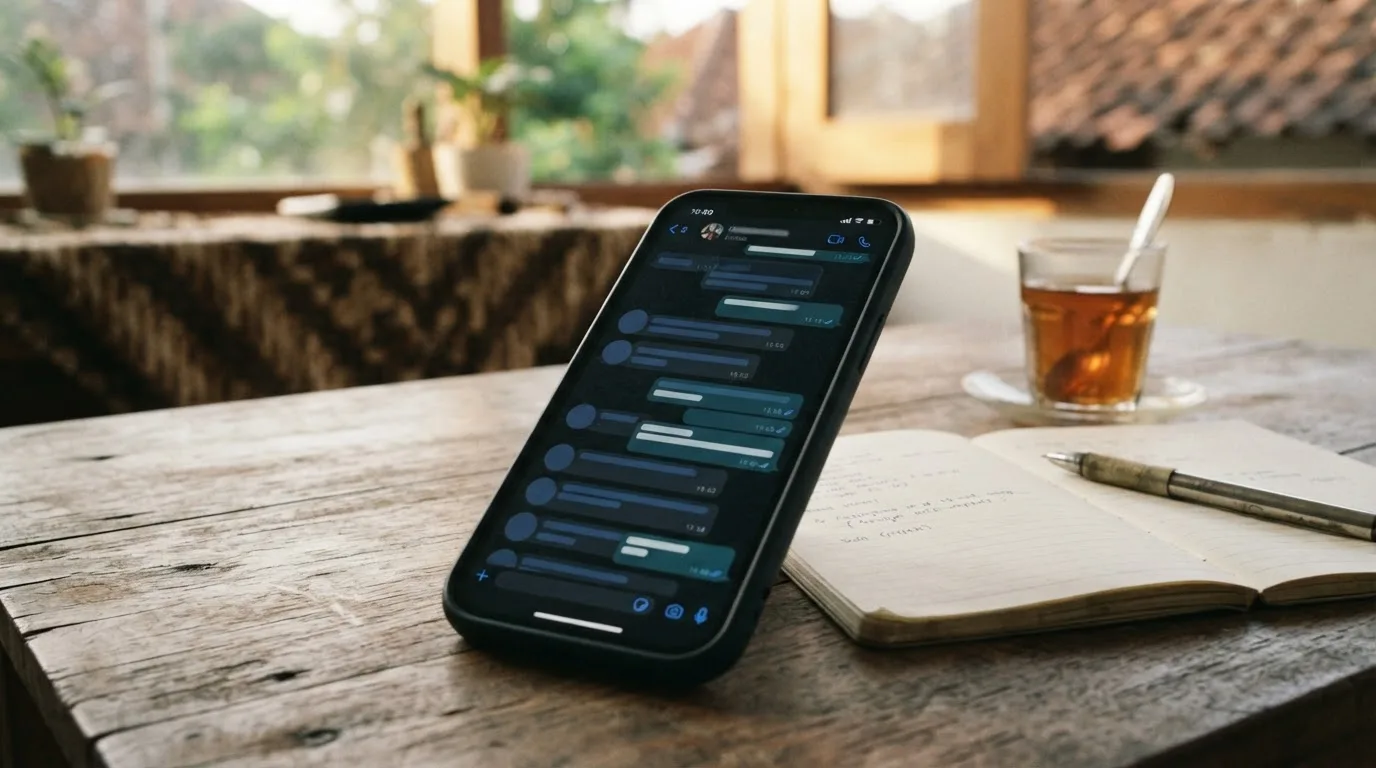 Layar smartphone menampilkan percakapan WhatsApp Business di meja kerja admin UMKM. Ilustrasi dibuat dengan AI.