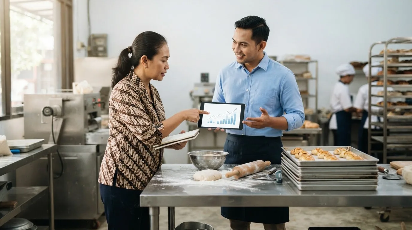 Pemilik bakery dan konsultan meninjau grafik data penjualan di tablet di area produksi