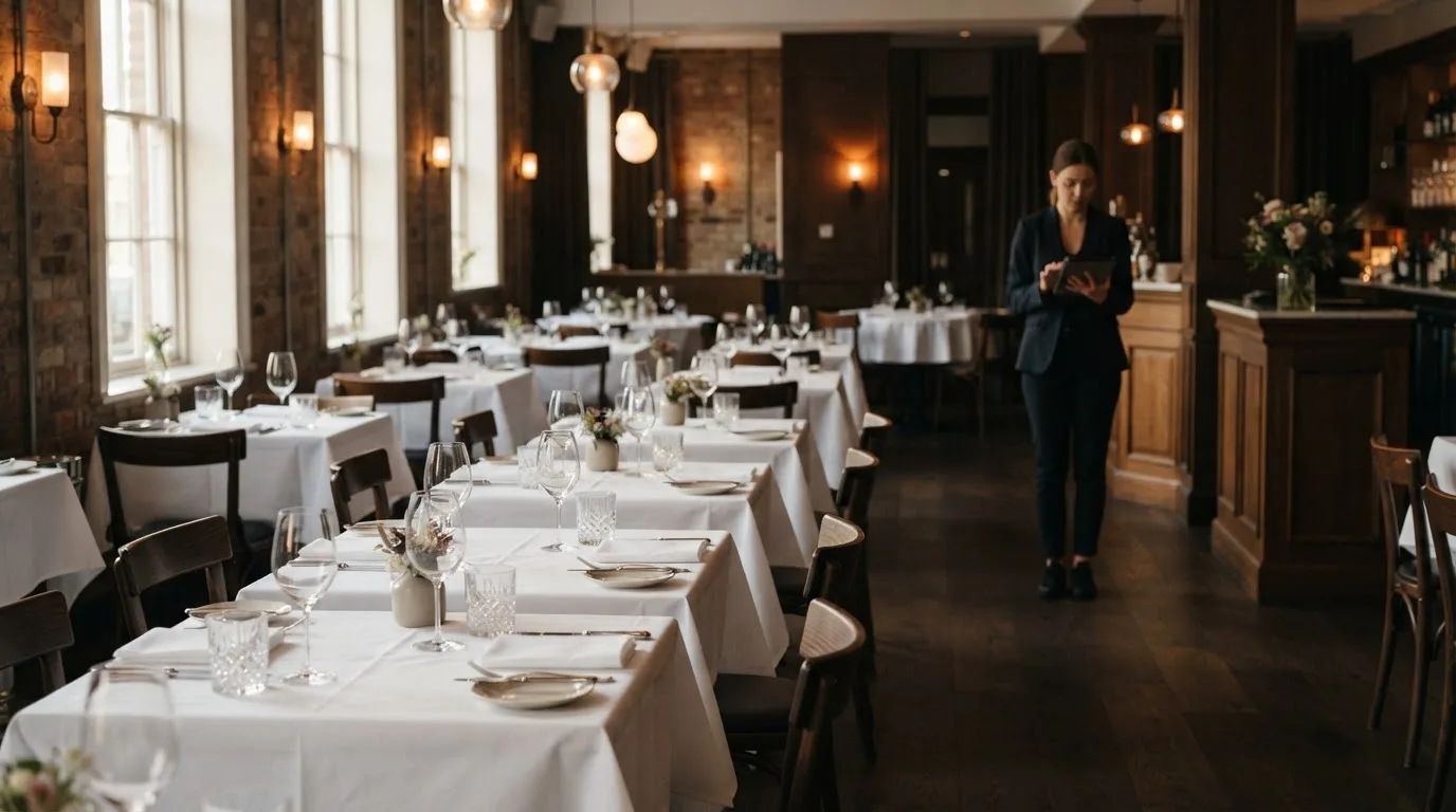 Manajer restoran fine dining memeriksa daftar reservasi di tablet dengan latar meja-mebel kosong sebelum jam buka