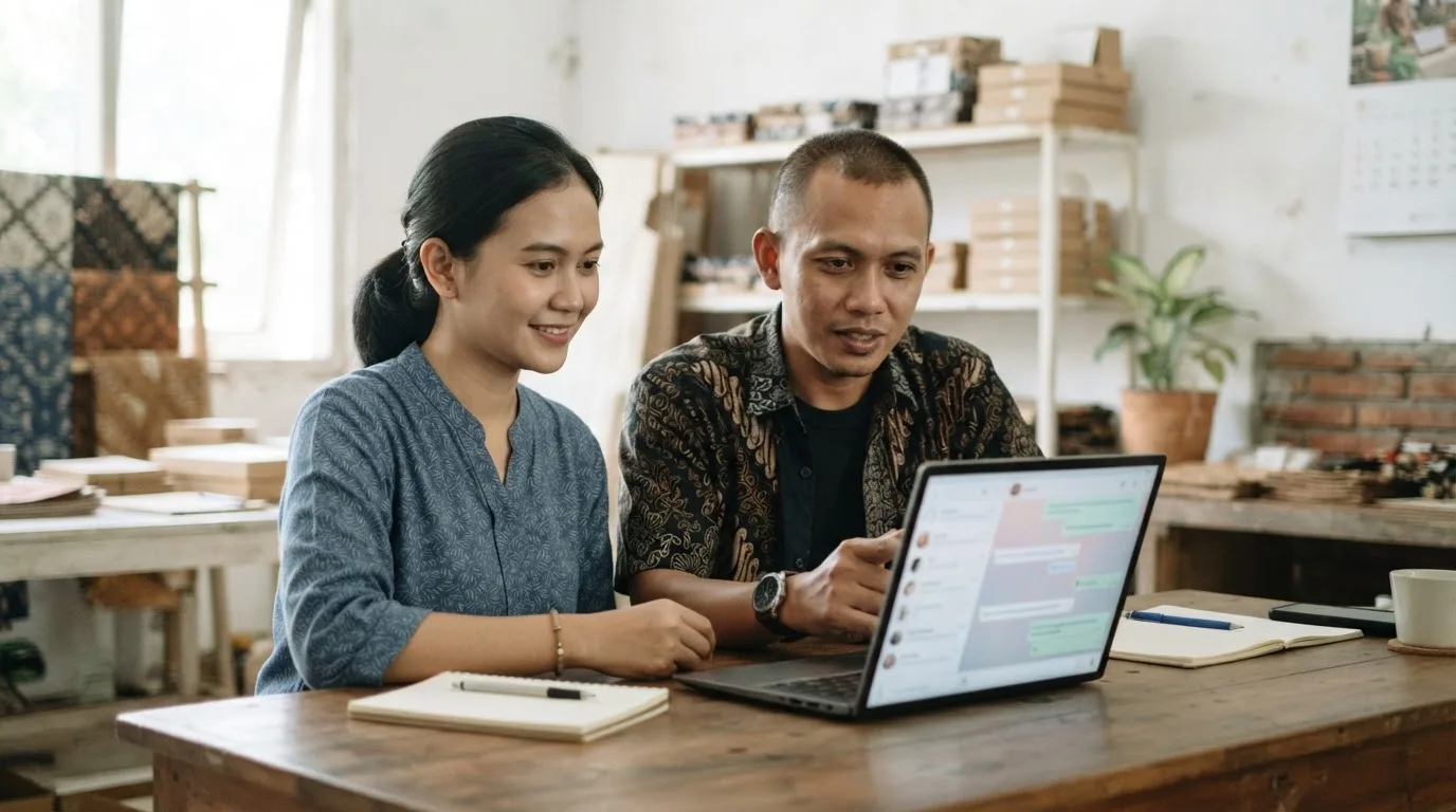 Staf dan pemilik UMKM di Surabaya meninjau antrean chat customer service untuk follow-up prospek. Ilustrasi dibuat dengan AI.