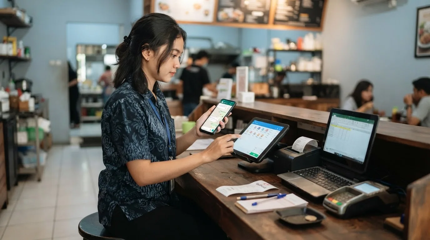 Admin restoran memegang ponsel sambil mengetik ulang pesanan WhatsApp ke aplikasi kasir POS