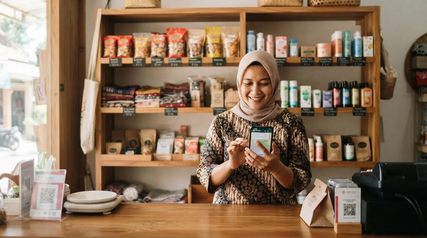 Pemilik UMKM di Indonesia membalas pesan WhatsApp pelanggan dari balik konter tokonya