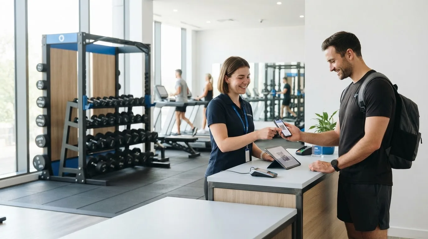 Petugas front desk gym memindai QR code check-in member di tablet