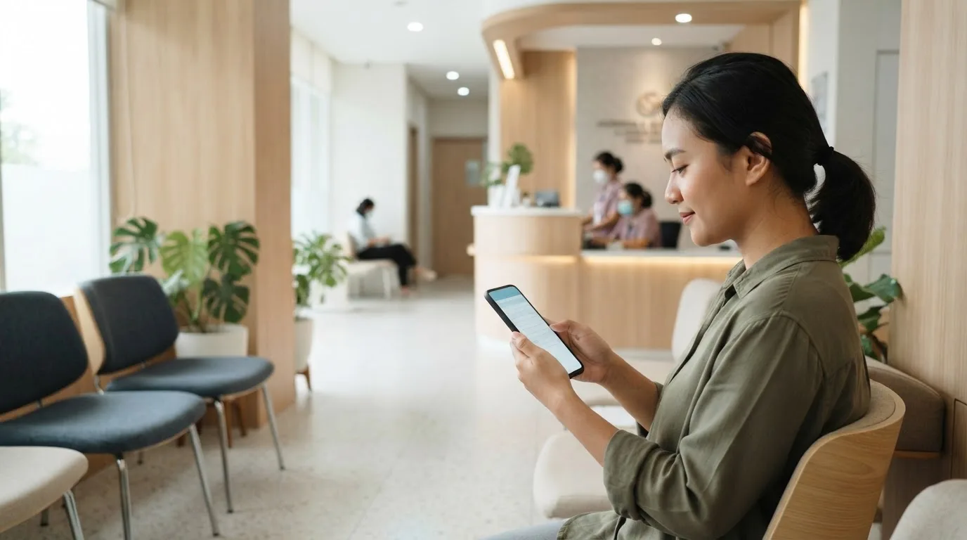 Pasien mengisi formulir digital dari ponsel di ruang tunggu klinik tanpa perlu input ganda oleh petugas
