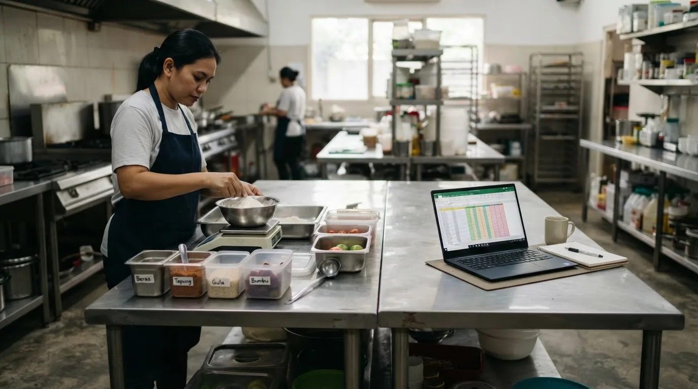 Staf dapur katering menimbang bahan di meja produksi sementara laptop dengan spreadsheet terbuka di sisi lain meja