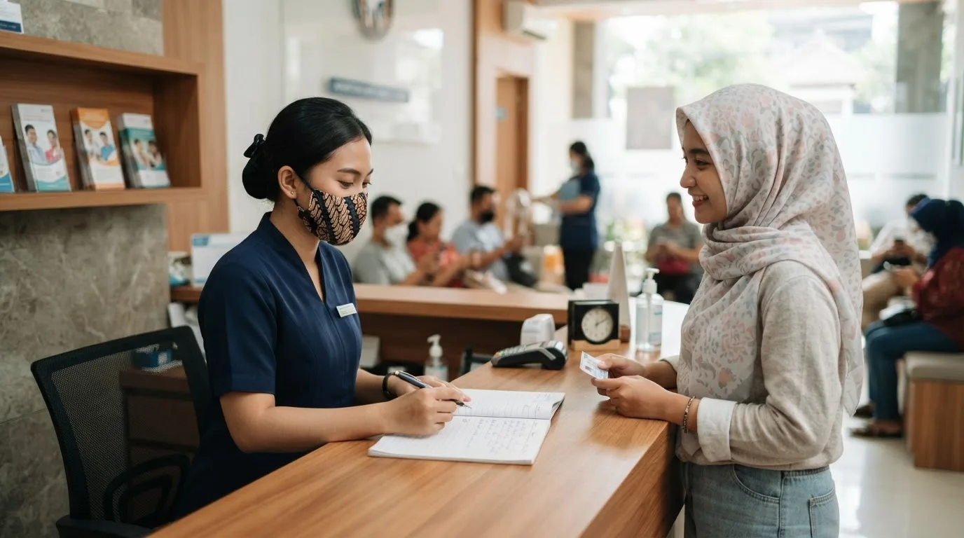 Admin klinik melayani pasien sambil membuka buku appointment manual di meja resepsionis