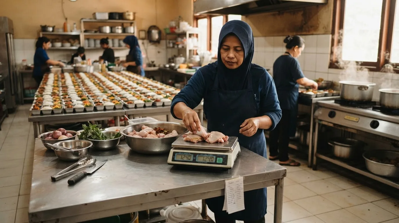 Juru masak katering menimbang bahan baku di dapur produksi dengan tray paket nasi, lauk, dan sayur tersusun di belakangnya. Ilustrasi dibuat dengan AI.
