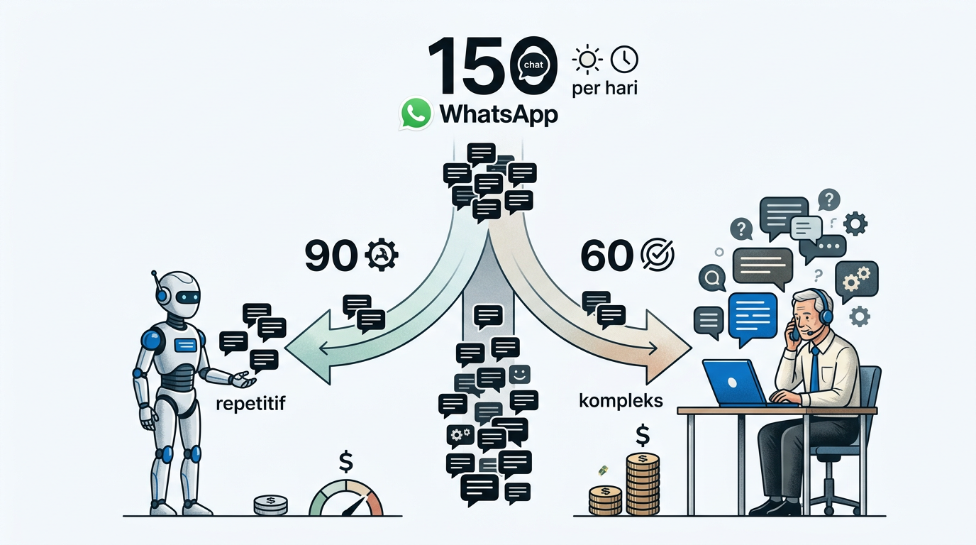 Diagram breakdown 150 chat WhatsApp per hari: 90 chat repetitif ditangani bot, 60 chat kompleks ditangani karyawan, dengan biaya per kategori ter